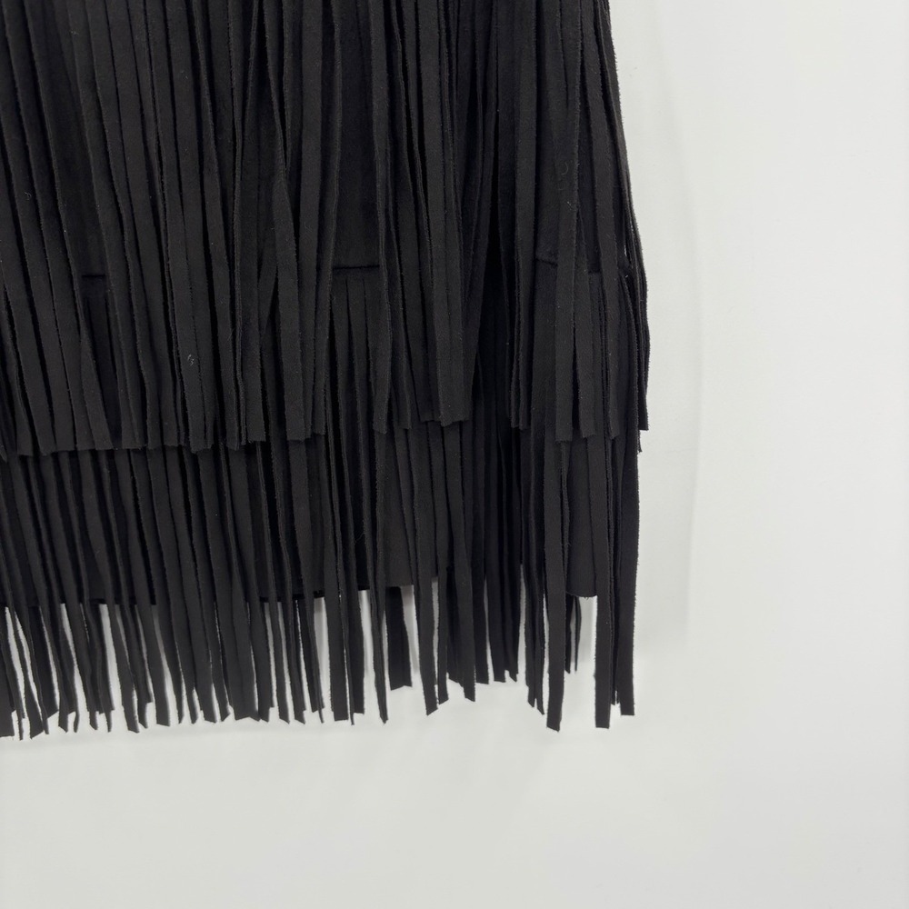 Fringe Faux Suede Mini Skirt Small Black Festival Coachella Western Gasparilla - Picture 4 of 10